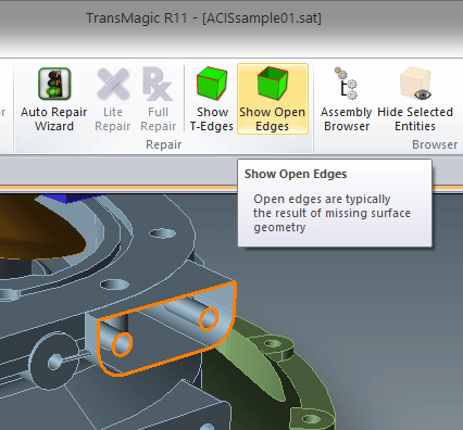 Diagnostic Tools for CAD - Show open edges will display openings in the model.