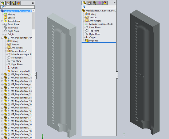 Opening an IGES file vs a STEP file in SOLIDWORKS.
