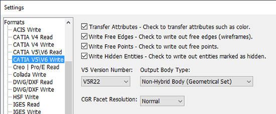 CATIA V5 Write Settings