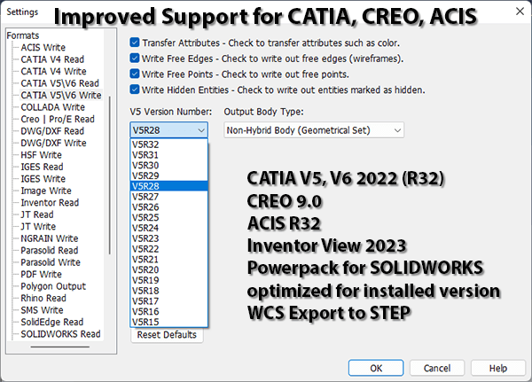 New CATIA 2022, Creo 9.0 Format Support